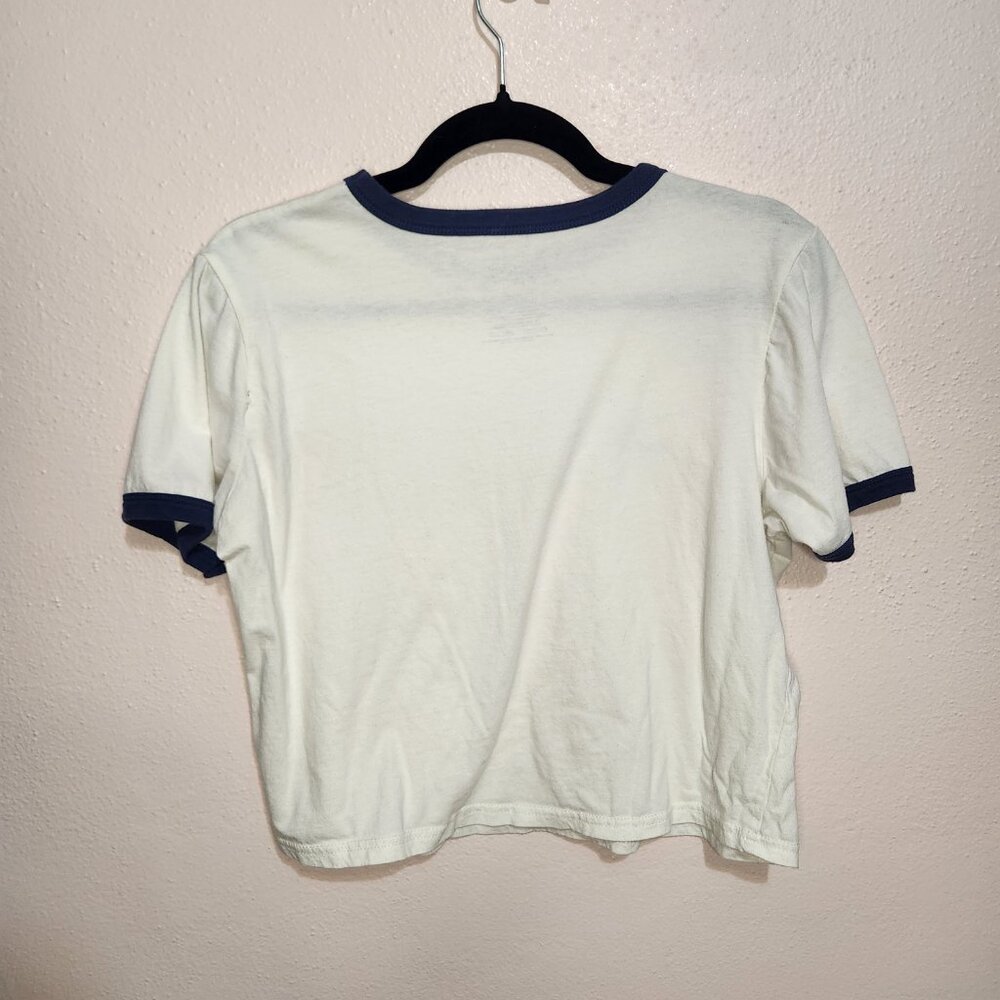 Vintage Inspired Blue and White La Dolce Vita Cropped Ringer Tshirt Size Medium - Picture 3 of 6